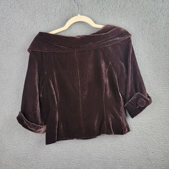 Mandarin Blue Jacket Womens 6 Chocolate Brown Velvet Crop Jackie Kennedy Retro - Picture 6 of 10